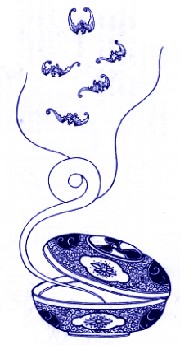 一个盒子里飞出五只蝙蝠。或画和合两仙嬉戏蝙蝠