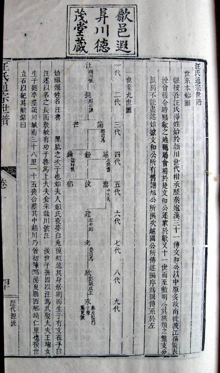 图五：汪氏一世到九世挂线图